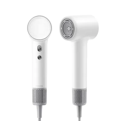 Two views of a white hairdryer against a white background.