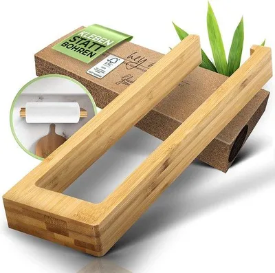 Produktbild von Unyqoos® Glückstoff® Bambus Küchenrollenhalter ohne Bohren – Holz-Wandhalter mit patentiertem selbstklebendem Tape, wasserabweisend, hängend