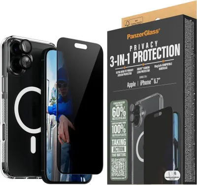 Productafbeelding van PanzerGlass 3-in-1 privacybeschermingspakket voor de iPhone 16 Plus