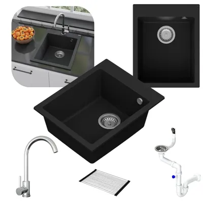 Produktbild von Granmaster Ivo Granitspülbecken Komplett-Set mit Silber Edelstahl-Küchenarmatur, Automatischem Syphon und Rollmatte – 1-komorige Spüle kratzfest
