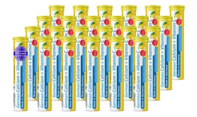 Produktbild von German Calcium + Vitamin C Brausetabletten 24x20 Stk. Zitronengeschmack - 300 mg Kalzium, 75 mg Vitamin C Zuckerfrei - T&D Pharma – Germany