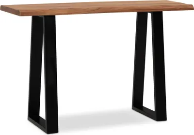 Schreibtisch Akazie Massivholz Metall 118x41x76,5cm mit Baumkante und schwarzem Metallgestell, Gesamtansicht.