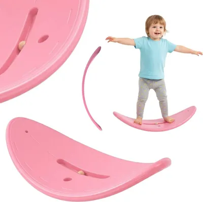 A child is balancing on a pink balance board, with close-up views of the board.