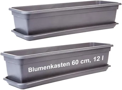 Produktbild von Balkon Blumenkasten Set 60cm, 2er-Pack, mit Untersetzer, Kunststoff, EU-Fertigung, Anthrazit