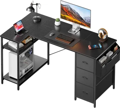 Immagine prodotto di Scrivania ad angolo con spazio contenitivo - Scrivania a forma di L - Organizzazione per il lavoro da casa - Con vano laterale - 120 x 80 cm - Nera