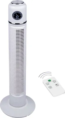 A white tower fan with a remote control on a white background.