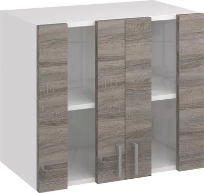 A white and wood-grain kitchen wall cabinet with two doors.