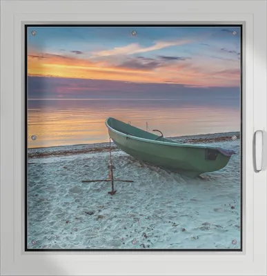 Produktbild von Wallario Lichtschutzbild, Dekorativer Sichtschutz Sonnenschutz 96 x 93 cm mit Motiv: Einsames Fischerboot mit Anker am Strand - Verdunklung ohne Bohren