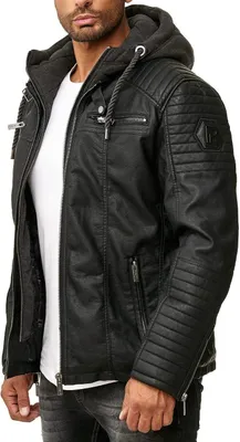 Productafbeelding van Zwarte herenjack van kunstleer met capuchon in bikerstijl