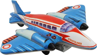 A toy airplane, a Stratoliner model, is shown from a slightly elevated front-side angle against a white background.