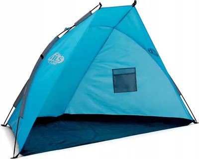A blue beach tent shown from the front, set up on a white background.