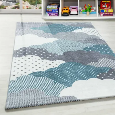 Produktbild von Kinderteppich fürs Babyzimmer mit blau-grau-weißem Wolkenmuster 120x120 cm Rund