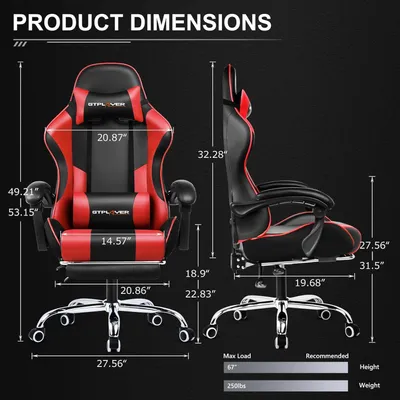 Imagen del producto de Silla de juego ergonómica con reposapiés, cojín lumbar de masaje y apariencia de cuero rojo