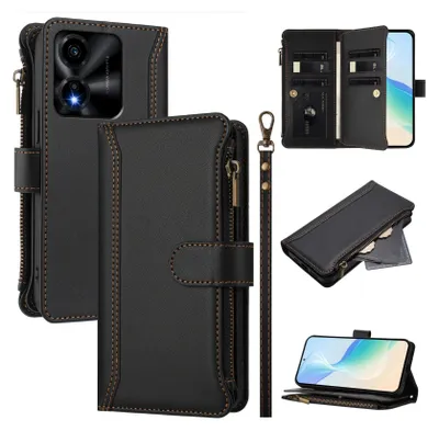 Image de Etui pour Honor X5C Plus, étui portefeuille zippé en cuirPolyuréthaneavec pochettes pour cartes, support et dragonne noir