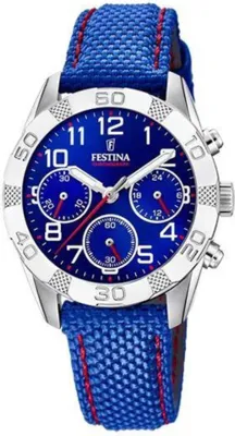 A close-up studio shot of a blue Festina chronograph watch with a blue fabric strap.