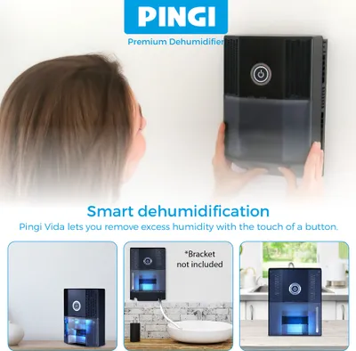 A person is holding a dehumidifier, with additional images showing different placements and features of the product.