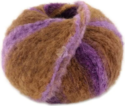 A ball of yarn with stripes of brown and purple.