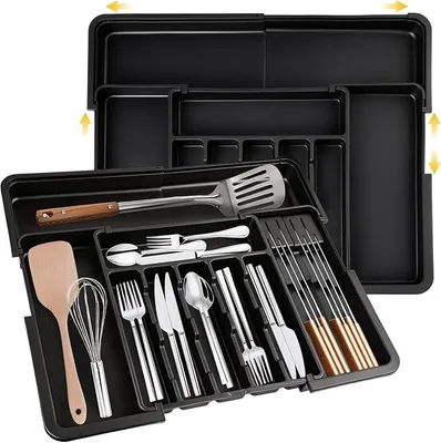 Produktbild von PolkaHome® Besteckkasten-Organizer für Schubladen 56x48 cm, verstellbar mit Messerblock, Besteckbox für Küchenschubladen