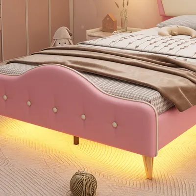 Produktbild von okwish Kinderbett Plattformbett 90×200 cm mit Lattenrost und LED-Streifen, Polsterbett Jugendbett für Jungen und Mädchen, Funktionelles Einzelbett mit Kopfteil mit Krone, Rosa+Weiß(Ohne Matratze)