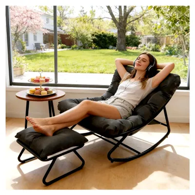 Produktbild von Schaukelstuhl mit Fußstütze, Outdoor Lesesessel, Relaxstuhl mit gepolstertem Kissen, bis 150 kg belastbar, Schaukelliege für Garten, Schlafzimmer, Terrasse (Grau)