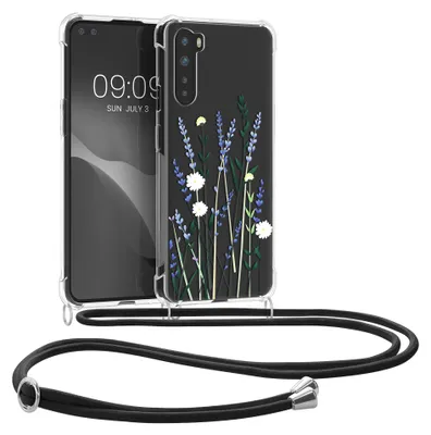 Image de kwmobile Necklace Case compatible avec OnePlus Nord Coque - Housse en silicone avec chaîne pour téléphone portable - Lavande Vert Transparent Pailles de Fleurs Lavande