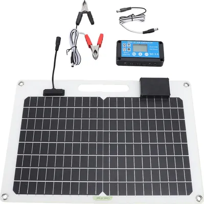 A solar panel kit with a charge controller and accessories laid out on a white background.