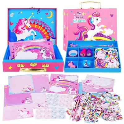 Productafbeelding van Schrijfschoolset voor meisjes, 112-delig, met eenhoornkoffer, roze