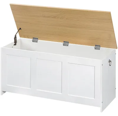 Obrázok produktu pre Úložná truhlica s vekom, 100 cm, sedacia lavica, biela a prírodná farba dreva, rozmer 100 x 40 x 41 cm