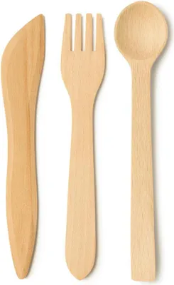 Image de Cuillère fourchette couteau ensemble EKO en bois de hêtre | Couverts en bois écologiques | Ensemble de couverts biodégradables | Ensemble de couverts EKO