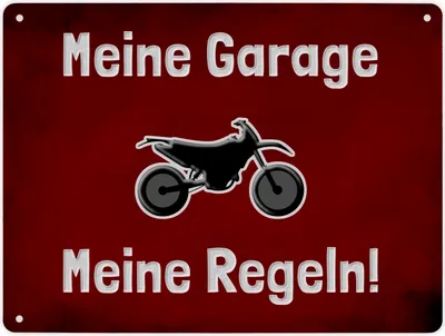 Produktbild von Meine Garage Meine Regeln! Metallschild XL in 21x28 cm mit Motorrad und rotem