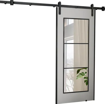 A sliding door with a mirrored panel and black frame, mounted on a black sliding track.