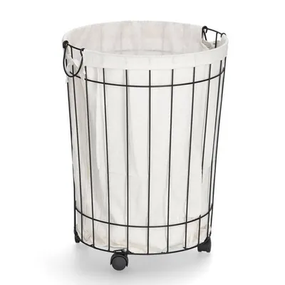 A laundry basket with a canvas liner and a metal frame, shown on a white background.