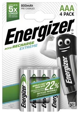 Zdjęcie produktu dla Energizer Accu Recharge Extreme 800 AAA BP4, Bateria do ponownego naładowania, AAA, Niklowo-metalowo-wodorkowa (NiMH), 1,2 V, 4 szt., 800 mAh