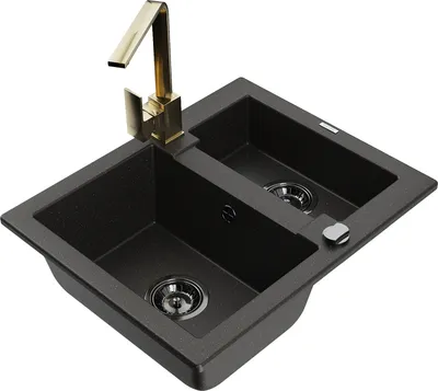 Produktbild von Mexen Carlos 1,5-Becken-Granitspüle mit Mischbatterie Rita, Schwarz/Gold metallisch - 6518-75-670300-50-B