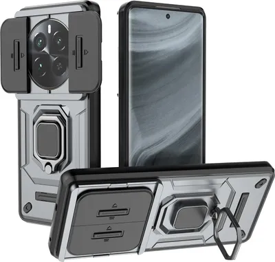 Produktbild von Hülle für Realme 12 Pro Dual Layer Handyhülle Schiebe Kamera Schutz und Ringhalter Ständer Grau