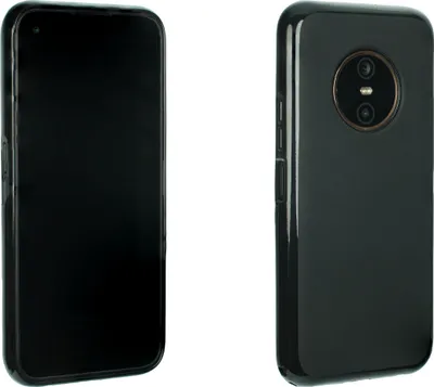 Two views of a black smartphone case, one showing the front and the other showing the back with the camera module.
