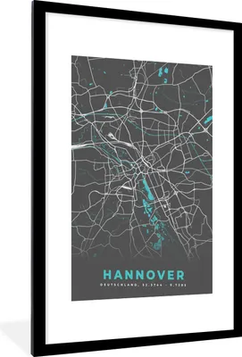 Produktbild von MuchoWow® Gerahmtes Poster Blau - Deutschland - Karte - Stadtplan - Hannover 60x90 cm - Poster mit Schwarzem Bilderrahmen Wandposter Rahmen Foto Bilder - Dekoration - Wandposter Wohnzimmer - Hochwertig