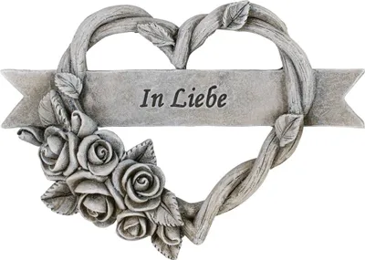 Produktbild von Grabschmuck Herz mit Rosenranke IN LIEBE grau 14,5 cm