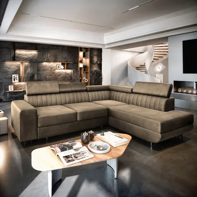 A modern living room with a large sectional sofa.