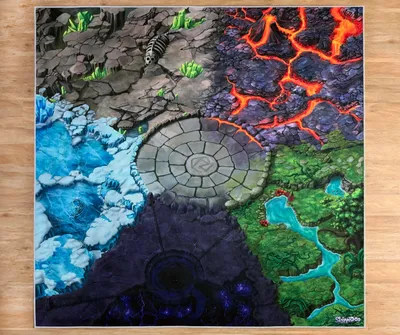 Produktbild von SkippiDoo Spielteppich Fantasy 160x160cm – 5 Welten mit Battle Arena – Lava, Eis, Dschungel, Stein und Schatte – rutschfest für z.B. Eldrador® passend