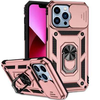 Immagine prodotto di Custodia per iPhone 13 Pro a doppio strato con copertura scorrevole della fotocamera e supporto ad anello Rosa