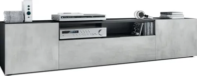 Produktbild von Vladon Lowboard Mogan, TV-Kommode mit 2 Türen, 1 Klappe und 1 offenes Fach, Schwarz matt/Beton Oxid-Optik (181 x 39 x 35 cm)