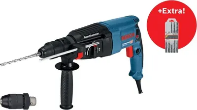 A Bosch rotary hammer drill with accessories, shown on a white background.