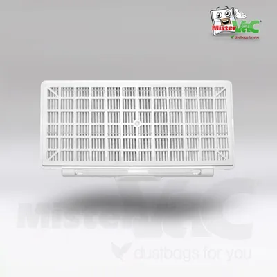 A white vacuum cleaner filter is shown from a front-facing, slightly elevated angle, casting a shadow on a light gray background. A logo and text are present in the upper right corner and as a watermark across the bottom.
