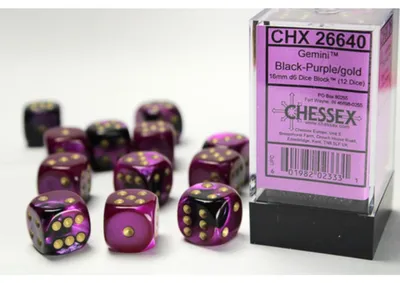 Immagine prodotto di Chessex Gemini 16mm d6 con punti Blocchi di dadi (12 dadi) - Nero-Viola con oro