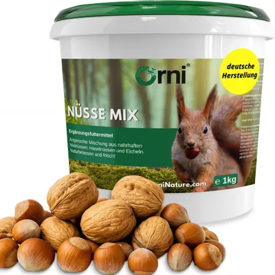 Produktbild von Orni Artgerechter Nüsse Mix für Eichhörnchen 1kg | Mit Haselnüssen, Walnüssen und Eicheln mit Schale