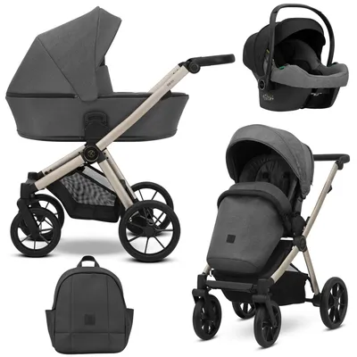 Immagine prodotto di Passeggino Kunert BRAV 3in1 in antracite con telaio champagne, ruote in gel e seggiolino auto Cosmo