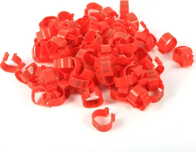 Obrázek produktu pro Kroužky na nohy ptáků, 100 kusů, 16 mm, číslované plastové kroužky červené barvy 001-100, kroužky pro označení slepic, kachen a hus