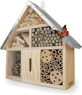 Produktbild von PolkaHome® Insektenhotel mit Zinkdach – unbehandeltes Naturholz, 25 x 28 x 8 cm, Nisthilfe für Bienen & Marienkäfer