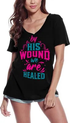 Produktbild von Damen Grafik T-Shirt V-Ausschnitt Durch seine Wunde sind wir geheilt - Christus der Ordensmann – By His Wound We Are Healed - Christ Religious